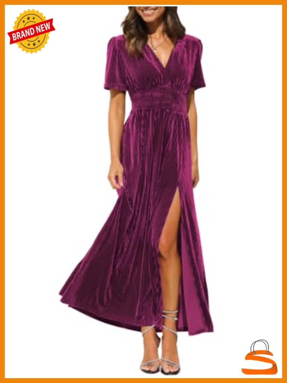 Velvet Maxi Dress V Neck Smocked Waist High Slit Formal